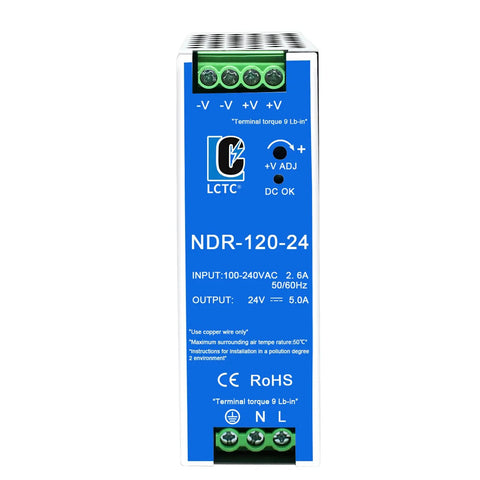Front view of Beefy 24V DC Power Supply Dual Output 120W For DIN Rail Mount, blue enclosure with terminals visible.