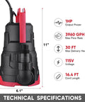 Heavy Duty Submersible Sump Pump 1 HP 3960 GPH With Float Switch Workhorse Thermoplastic Portable Water Removal, technical specifications