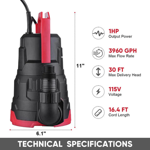 Heavy Duty Submersible Sump Pump 1 HP 3960 GPH With Float Switch Workhorse Thermoplastic Portable Water Removal, technical specifications