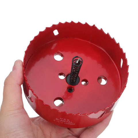 Bi Metal Hole Saw Kit With Drill Bit And Dust Collector Quick Release System 4 1 4 Inch for drywall and metal sheets in hand