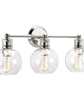 Three Light Coastal Vanity Light With Clear Glass Shades In Polished Nickel Finish For A Modern Beachy Bathroom Glow And Vibe Durable Steel