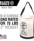 Front view of Heavy Duty Canvas Tool Bucket With Wide Opening And Straight Walls No 6 Canvas Black Molded Bottom 75 lb Load