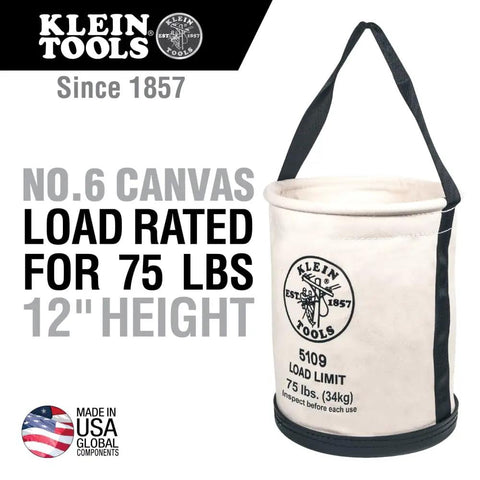 Front view of Heavy Duty Canvas Tool Bucket With Wide Opening And Straight Walls No 6 Canvas Black Molded Bottom 75 lb Load