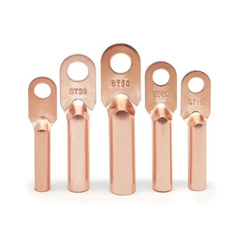 Heavy Duty Cold Crimp Fork Terminals, Uninsulated DT35 Wire Connectors in copper, five sizes for automotive wiring fixes.