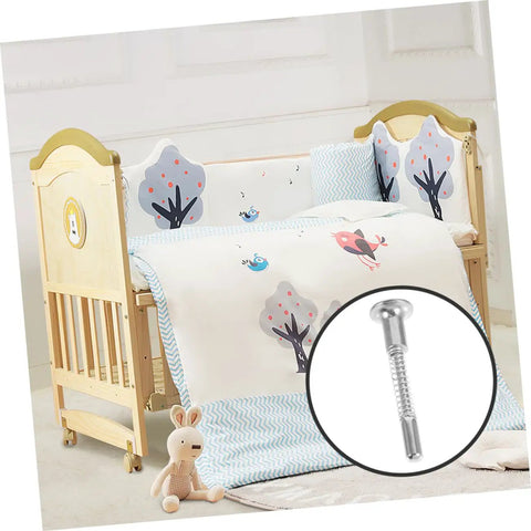 Crib with illustrated bedding, inset shows spring loaded plunger pin from Spring Loaded Plunger Pins Crib Latch Replacement Kit.