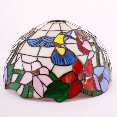 Cream Amber Hummingbird Stained Glass Lampshade Replacement 12 By 12 By 6 Inch with colorful flower and bird patterns.