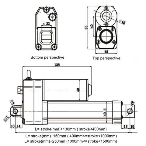 Schematic of Heavy Duty Electric Linear Actuator 4000N IP66 DC24V Hall Sensor Stainless Steel Telescopic Tube, multiple perspectives.