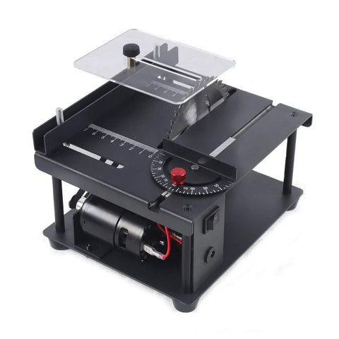 Rock Solid Woodworking Sliding Table Saw With Variable Speed Control And Heavy Duty Steel Build Featuring Precision Adjustable Fence For Butter Smooth Cuts And No Sweat Hobby Craft Projects, compact design with clear blade guard.