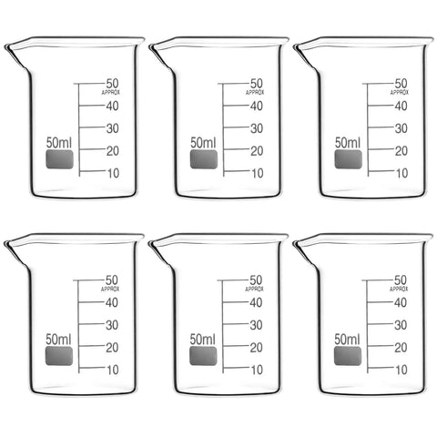 Sturdy Glass Beaker Set 50ml Six Pack, 3.3 Borosilicate Griffin Low Form Lab Glassware With Printed Graduations And Large Marking Spot