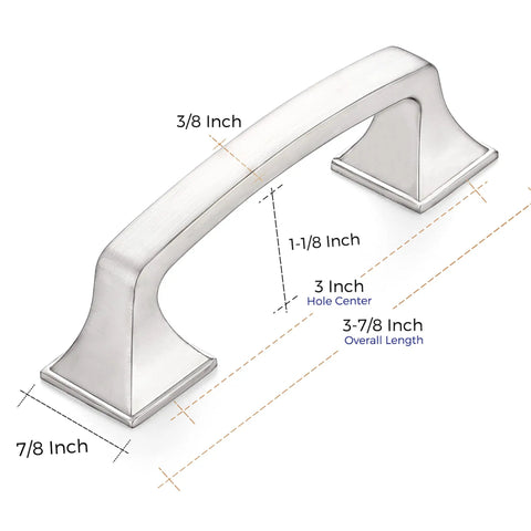 Illustration showing dimensions of Solid 3 Inch Square Arch Cabinet Pulls In Matte Black 25 Pack Big Drawer Handles For Kitchen And Bath