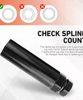 Large 6 Spline Lug Nut Socket Locking Tool For Wheel Lock Removal, illustration showing compatible and incompatible spline counts