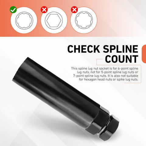 Large 6 Spline Lug Nut Socket Locking Tool For Wheel Lock Removal, illustration showing compatible and incompatible spline counts