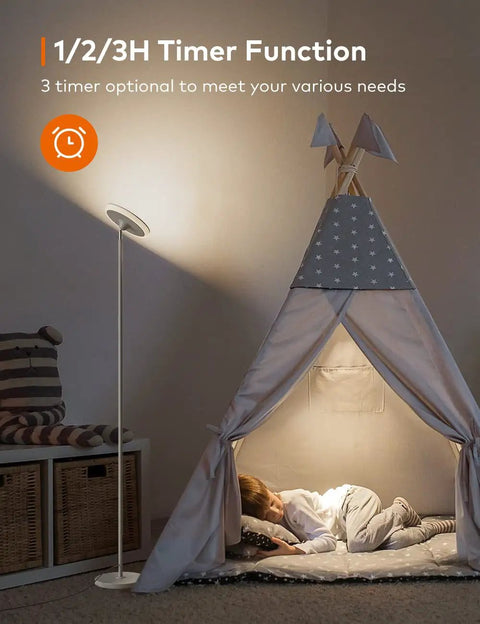 71 Inch Tall LED Floor Lamp With Remote And Touch Control 42W 3700LM beside a child's tent in a cozy room