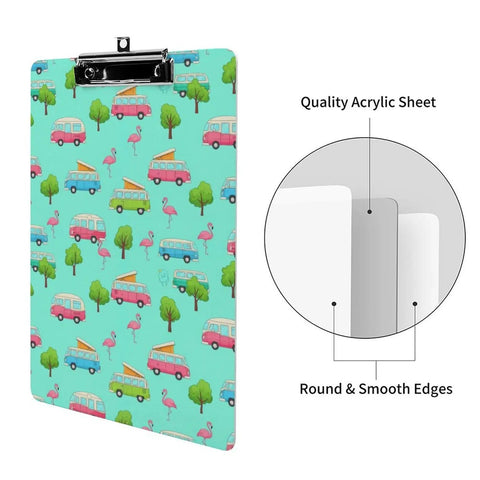 Happy Camping Themed Acrylic Clipboard For Office And Outdoors, Thick Durable Writing Surface, Fits A4 And US Letter Papers, Clear See Through Finish, Ideal For Note Taking, Sketching, And On The Go. Acrylic clipboard with camping van print, smooth edges