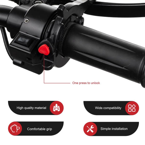 Universal Motorcycle Throttle Lock Cruise Speed Handlebar Accelerator With One Click Release No Sweat Install Twist Grip Control For Road Riders Seeking Smooth Cruisin Build close-up showing one press unlock button on handlebar.