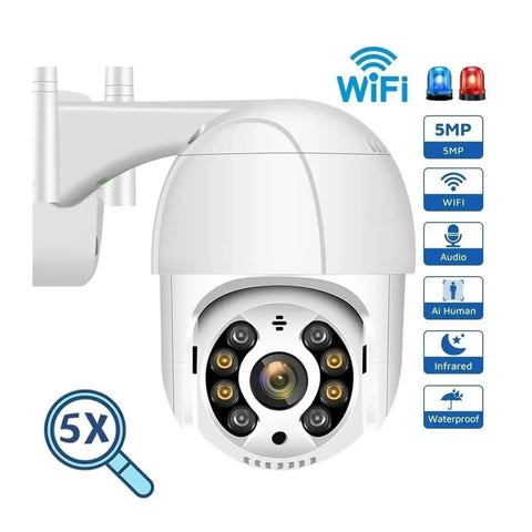 5MP PTZ WiFi Outdoor Security Camera With Rock Solid AI Human Detection IP66 Weatherproof Build showing front view with features.