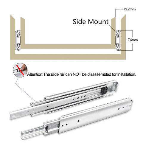 Built Like A Tank 20 Inch Full Extension Ball Bearing Drawer Slides with side mount installation guide and dimensions.