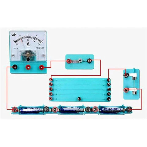 Hands-On Electromagnetism Lab Kit With Electric Bell And Electromagnet Tests, Sliding Rheostat For Brightness Control, Includes Series And Parallel Circuits, Fruit Battery Experiments, Solenoid Projects, And A Hand Crank Generator, showing circuit components.