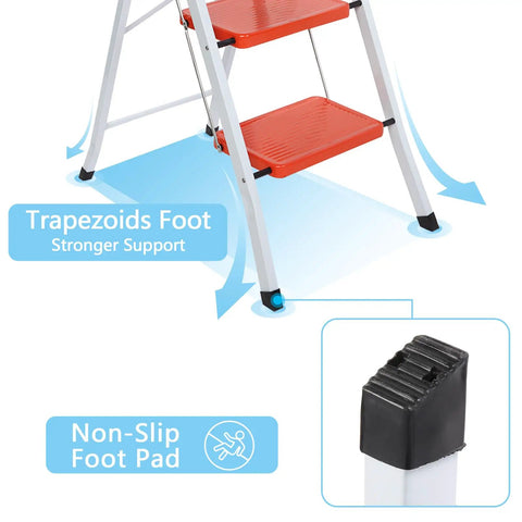 Close-up of 2 Step Folding Ladder With Handgrip, Heavy Duty Step Stool For Home And Kitchen, showing trapezoid foot and non-slip pad.