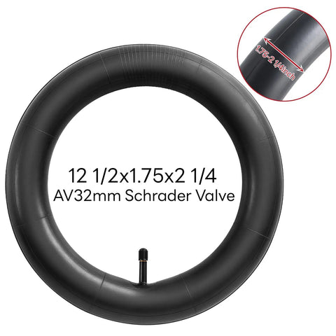 12.5 Inch Bike Inner Tube Fits Twelve And A Half By One Point Seven Five To Two Point Two Five Inch Schrader Valve AV32mm Replacement Tube For City Kids Commuter Road Mountain And Hybrid Bikes, showcasing AV32mm valve and size details, made from durable butyl rubber