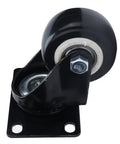 Solid 2.5 Inch Heavy Duty Swivel Casters Featuring Twin Ball Bearings And Quiet Rolling Polyester Wheels For Warehouse Carts And Utility Furniture Built Tough For Daily Grind close-up view showing black plastic wheel and metal swivel base.