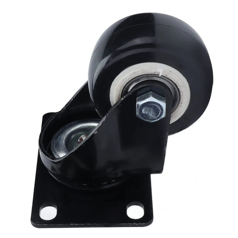Solid 2.5 Inch Heavy Duty Swivel Casters Featuring Twin Ball Bearings And Quiet Rolling Polyester Wheels For Warehouse Carts And Utility Furniture Built Tough For Daily Grind close-up view showing black plastic wheel and metal swivel base.