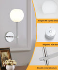 Chrome Battery Operated Wall Sconces Set of 2, Rechargeable Wireless Wall Lights with Milky White Frosted Glass in modern decor.