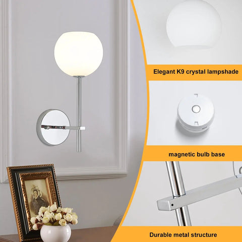 Chrome Battery Operated Wall Sconces Set of 2, Rechargeable Wireless Wall Lights with Milky White Frosted Glass in modern decor.