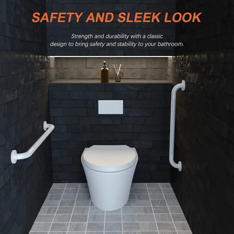 Two Pack 36 Inch White Shower Grab Bars With Anti Slip Knurled Grip Sturdy Stainless Steel Wall Mount Bathroom Safety Handrail installed next to toilet