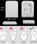 Heavy Duty Slow Close Toilet Seat Fits Square Or Rounded Bowls Zero Slam Drama Quick Release Hinge dimensions shown.