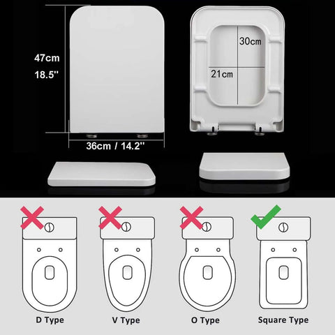 Heavy Duty Slow Close Toilet Seat Fits Square Or Rounded Bowls Zero Slam Drama Quick Release Hinge dimensions shown.