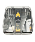 Handheld Electric Grinding And Engraving Pen Kit With 58 Bits for wood carving and jade polishing, clear case view with bits and manual.