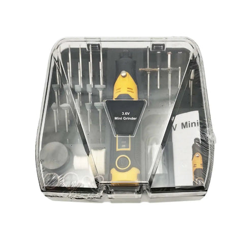 Handheld Electric Grinding And Engraving Pen Kit With 58 Bits for wood carving and jade polishing, clear case view with bits and manual.