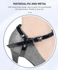 Close-up of adjustable anti-drop shoe strap for black pumps, made of durable PU and metal, locking for a custom fit.