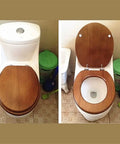 Universal Soft Close Toilet Seat Crafted From Real Solid Wood With Authentic Bark Veneer on a toilet, showcasing elongated shape and rustic finish.