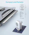Go To US To Japan Travel Plug Adapter With 2 AC Outlets 3 USB Ports And USB C Type A next to laptop and passport, compact design.