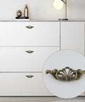 White dresser with 2-Pack 6 Inch Antique Drawer Pulls With 3.43 Inch Hole Spacing Hollow Pattern Zinc Alloy Decorative Cabinet Handles.