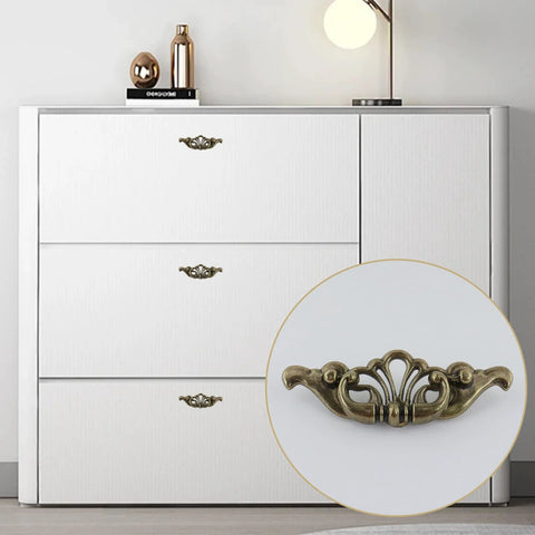 White dresser with 2-Pack 6 Inch Antique Drawer Pulls With 3.43 Inch Hole Spacing Hollow Pattern Zinc Alloy Decorative Cabinet Handles.