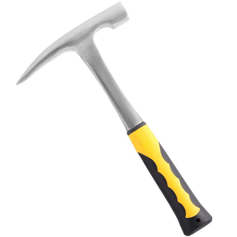 32oz Rock Pick Hammer With 12 Inch Carbon Steel Chipping Hammer Skid Handle Polished Tip Geologist Hammer For Mining Prospecting And Camping Beefy Strength Rust Resistant Anti Slip Grip Tool For Demanding Jobs, yellow and black handle