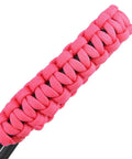 Closeup of pink woven detail on Braided Adjustable Archery Bow Wrist Sling With Aluminum Mounts For Compound Bow And Crossbow Pink Nylon Rope Wrist Strap Go To Shock Absorber Ready Outdoor Target Shooting Accessory