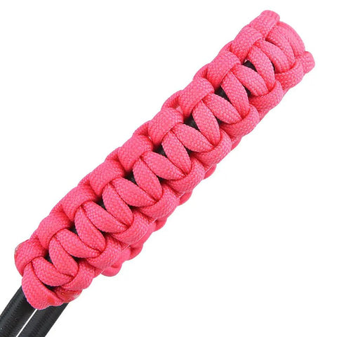 Closeup of pink woven detail on Braided Adjustable Archery Bow Wrist Sling With Aluminum Mounts For Compound Bow And Crossbow Pink Nylon Rope Wrist Strap Go To Shock Absorber Ready Outdoor Target Shooting Accessory