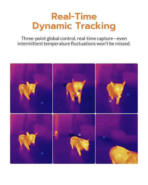 Thermal Imaging Camera With Edge Enhancement And Dual Mode Inspection For Real Time Temperature Display, Center Hot Cold Spot Readouts, Thermometer Mode For Fast Point And Shoot Readings, Full Screen Thermal Imaging For Moving Target Monitoring showing dog tracking