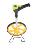 Real Deal Digital Measuring Wheel With Crisp Backlit Lcd Screen And Telescoping Handle stretching to forty inches, showing a yellow wheel and handle.