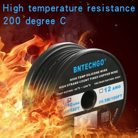 Ultra Smooth Black Silicone Wire 50 Feet Long With 10 Awg Stranded Tinned Copper Core For Heavy Duty Car Mods And Electronics Setup No Fuss Soldering And Kickass Durability That Lasts Forever with flame background.