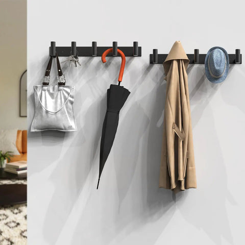 Black Wall Mount Coat Rack With 5 Hooks For Robes, Bags, Towels, Hats And Keys holding various items in a room setting