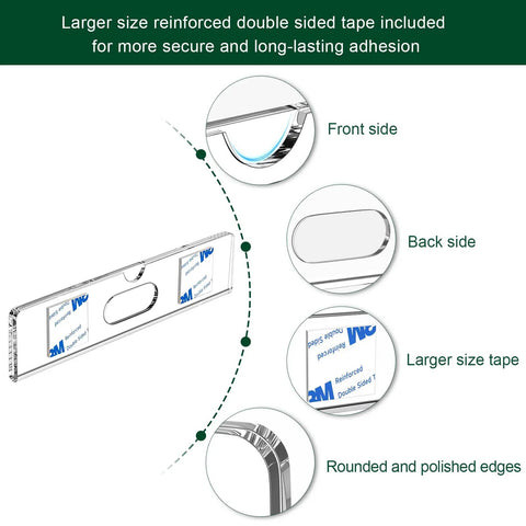 Clear Acrylic Door Name Plates 2x8 Inches 5 Pack With Adhesive Tape showing front, back, and tape details for office use.