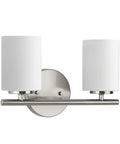 Two Light Etched White Glass Modern Bath Vanity Light In Brushed Nickel Finish, Cord Hung LED Pendant Style, front view
