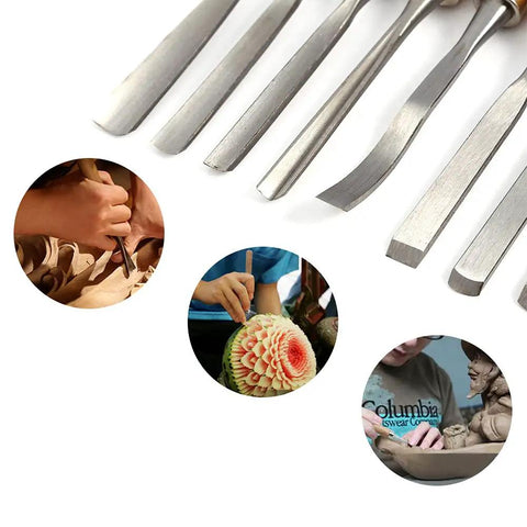 Pro Grade Wood Chisel Set 12 Piece With Carving Gouges And Hardened Steel Chisels in use for wood and fruit carving