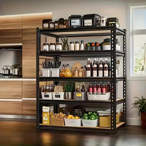 Tough As Nails Heavy Duty Metal Storage Rack With 2000 Lb Capacity Per Shelf, 72 Inch Wide Industrial Steel Shelving Set with kitchen items.
