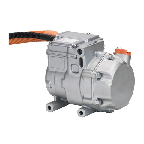 Ultra Low Noise 48V Electric AC Compressor Features Snazzy Vortex Core And Pushes Sharp R134A Chill To Keep Your Ride Cool And Smooth Through Stoplights And Highway Cruises Everyday in silver.